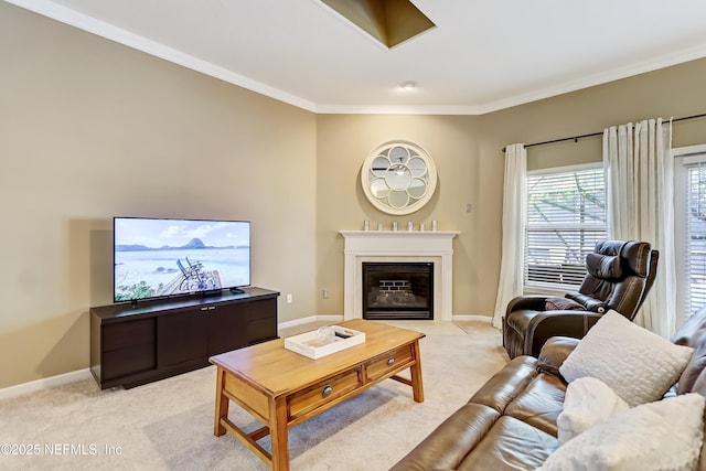 living room featuring baseboards, light colored carpet, and ornamental molding