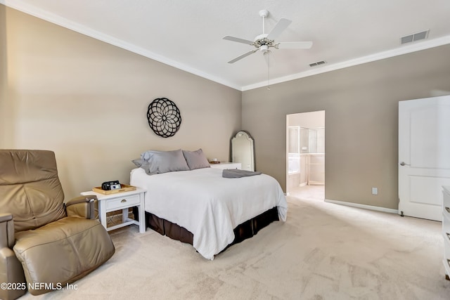 bedroom featuring light carpet, visible vents, crown molding, and baseboards