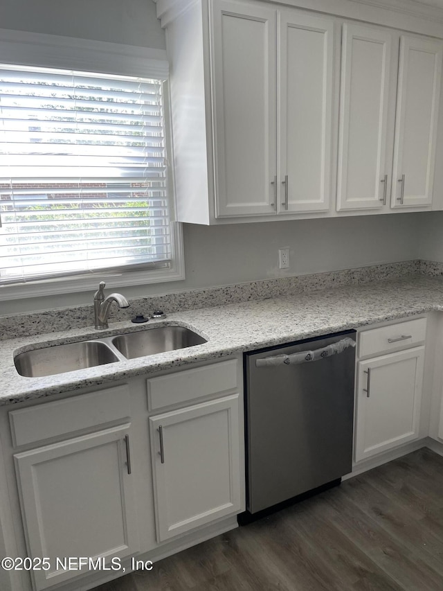 kitchen featuring sink, stainless steel dishwasher, and white cabinets