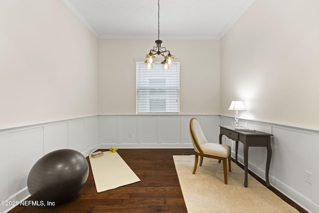 office area with crown molding and dark hardwood / wood-style floors