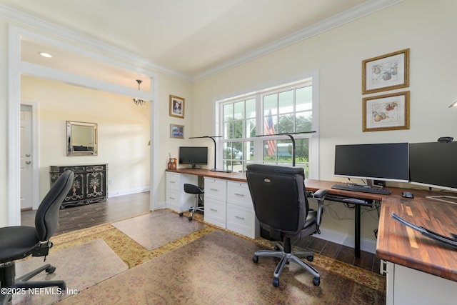 office space featuring dark wood-type flooring and ornamental molding