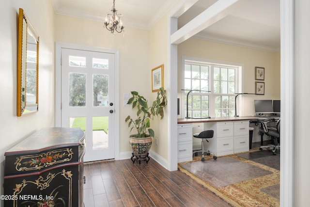 office with an inviting chandelier, crown molding, and dark hardwood / wood-style floors