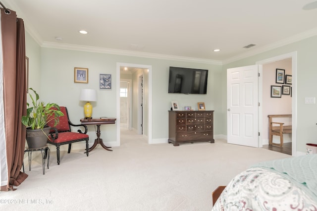 carpeted bedroom with crown molding