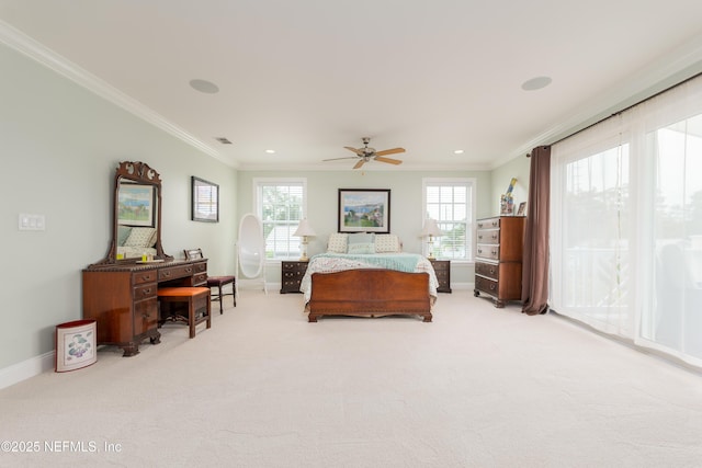 bedroom with multiple windows, light colored carpet, and ornamental molding