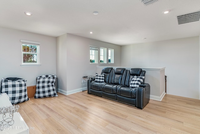 living room with a healthy amount of sunlight and light hardwood / wood-style flooring