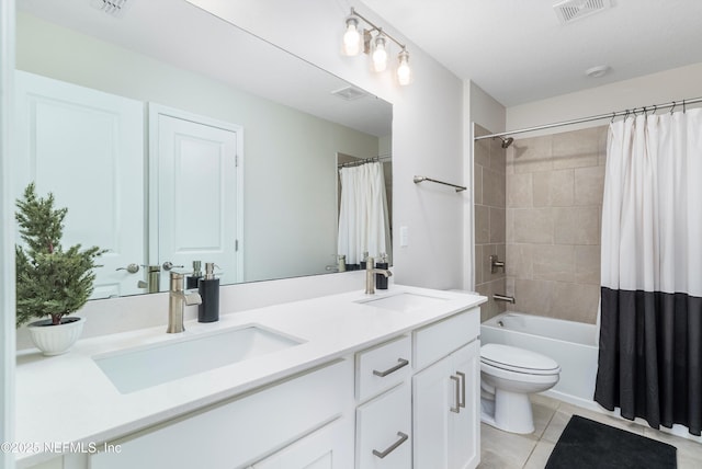 full bathroom with toilet, vanity, shower / bathtub combination with curtain, and tile patterned flooring