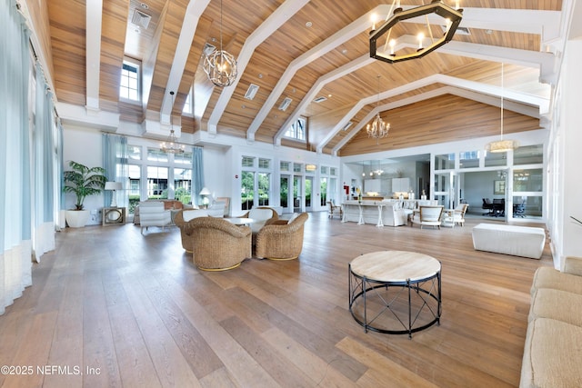 living room with high vaulted ceiling, wooden ceiling, a notable chandelier, beam ceiling, and hardwood / wood-style floors