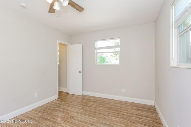 empty room featuring ceiling fan and light wood-type flooring