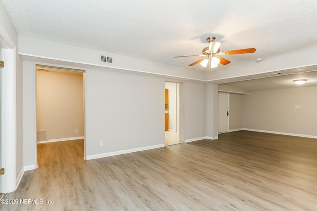 unfurnished room featuring ceiling fan, light hardwood / wood-style flooring, and a textured ceiling