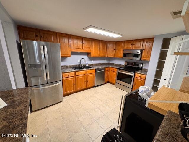 kitchen featuring stainless steel appliances, sink, and dark stone counters