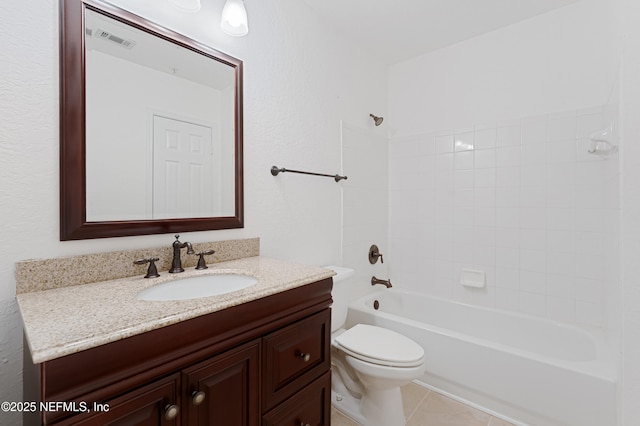 full bathroom featuring visible vents, toilet, tile patterned flooring, tub / shower combination, and vanity