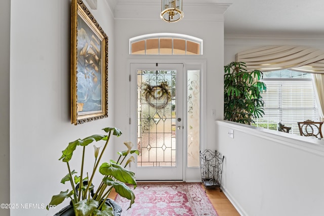 entryway with ornamental molding, light hardwood / wood-style floors, and a healthy amount of sunlight