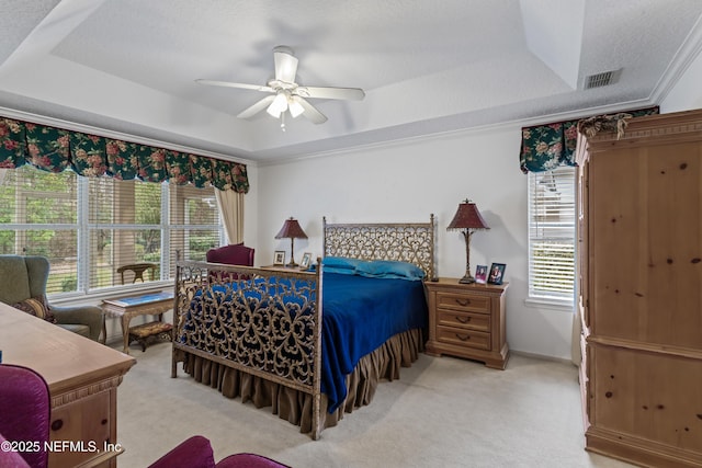 bedroom featuring multiple windows, a tray ceiling, and a textured ceiling