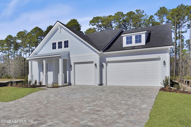 view of front facade featuring a garage, a front yard, and covered porch