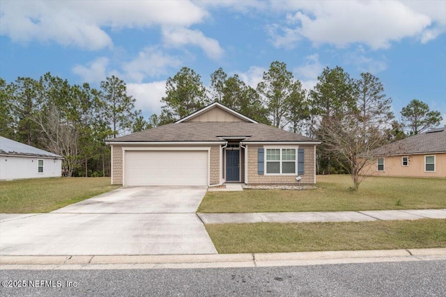 ranch-style home with a garage and a front yard