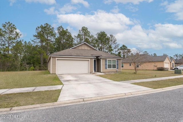 single story home with a garage and a front lawn