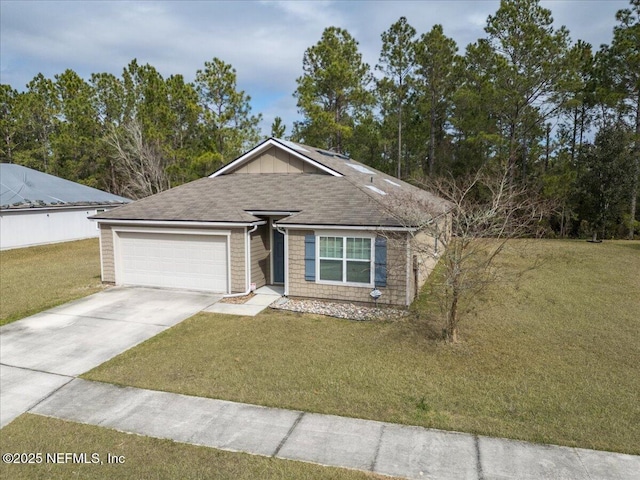 ranch-style house with a garage and a front lawn