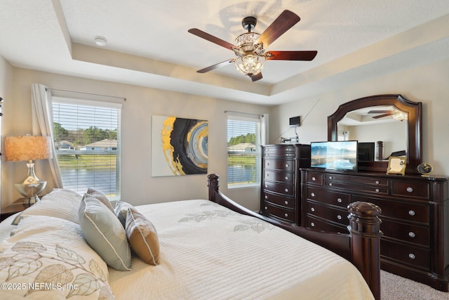 bedroom with a raised ceiling and ceiling fan