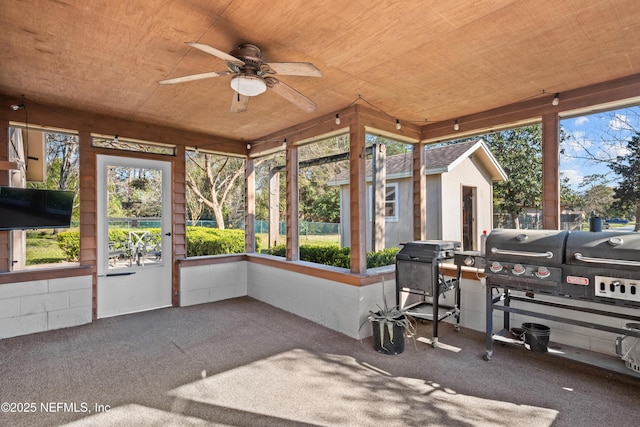 sunroom featuring a ceiling fan, wooden ceiling, and a healthy amount of sunlight