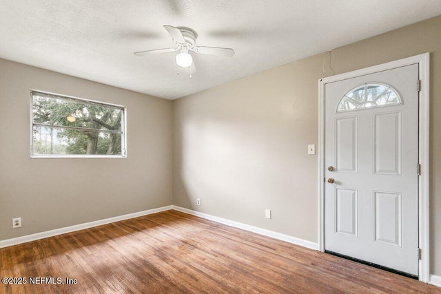 foyer with hardwood / wood-style flooring and ceiling fan