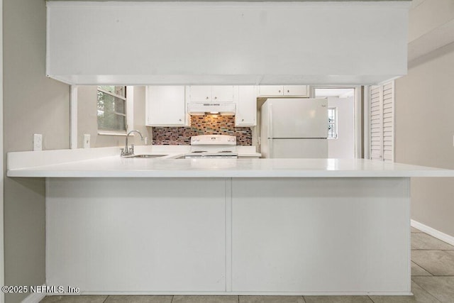 kitchen with sink, white appliances, white cabinetry, tasteful backsplash, and kitchen peninsula