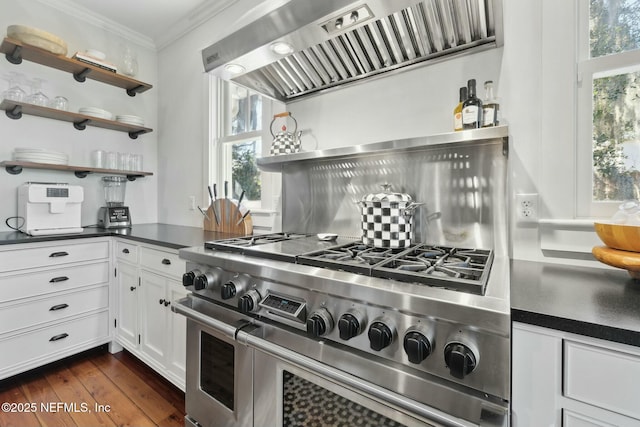 kitchen with premium range hood, white cabinets, range with two ovens, ornamental molding, and a healthy amount of sunlight