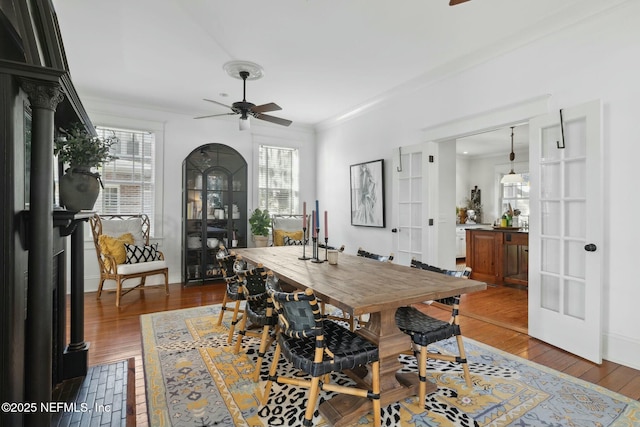 dining space with crown molding, dark wood-type flooring, and ceiling fan