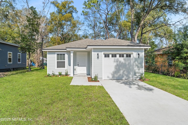 ranch-style home with a garage and a front yard