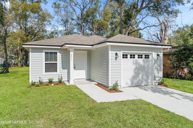 single story home with a garage and a front yard