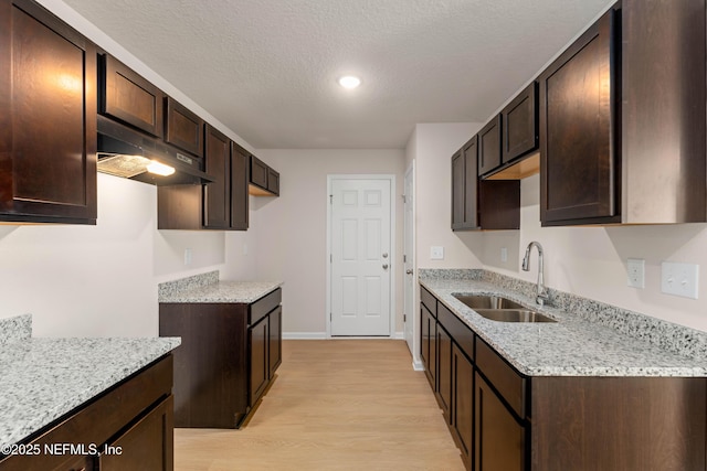 kitchen with dark brown cabinetry, sink, a textured ceiling, light stone countertops, and light hardwood / wood-style floors