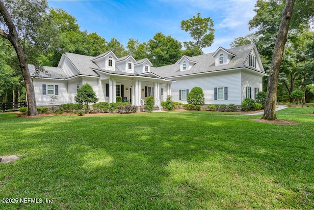 cape cod-style house with a front yard and covered porch