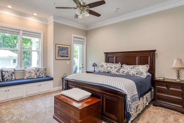 bedroom with crown molding, access to outside, light colored carpet, and ceiling fan