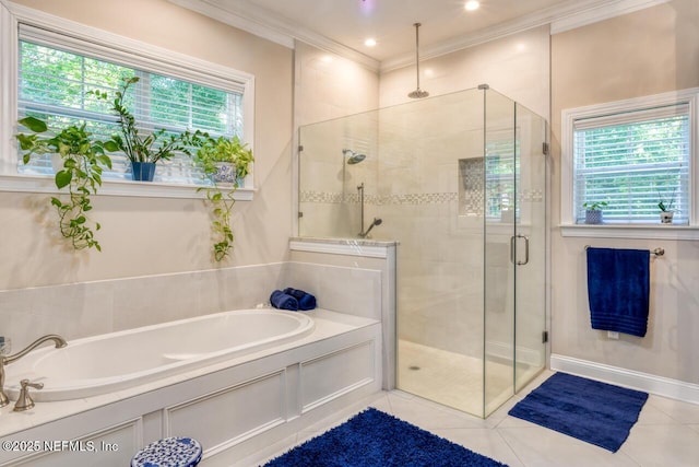 bathroom with tile patterned flooring, plus walk in shower, and crown molding