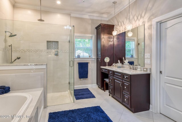 bathroom with crown molding, vanity, plus walk in shower, and tile patterned flooring