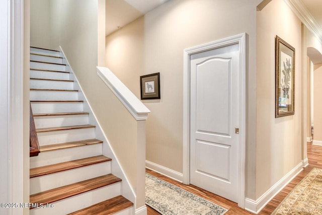 stairs with hardwood / wood-style floors