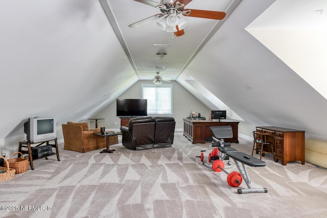 additional living space with light carpet, lofted ceiling, and ceiling fan