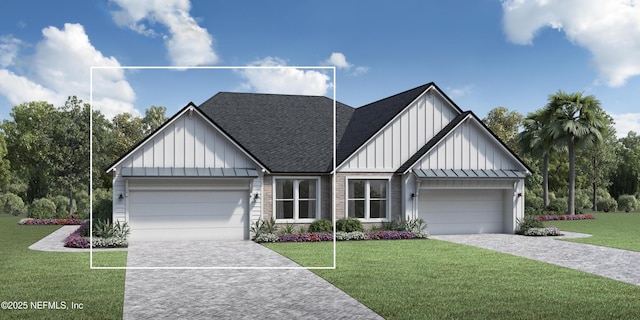 modern inspired farmhouse featuring an attached garage, a standing seam roof, decorative driveway, and board and batten siding