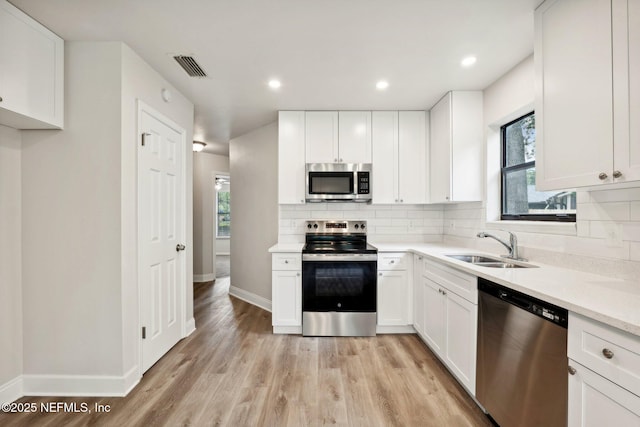 kitchen with stainless steel appliances, sink, decorative backsplash, and white cabinets