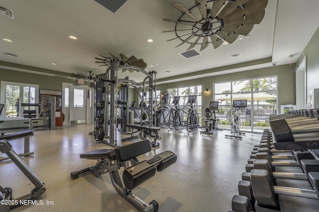 workout area with ceiling fan, visible vents, and recessed lighting