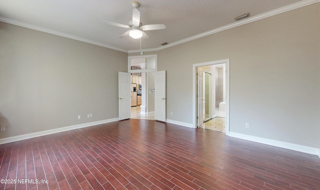 spare room featuring wood-type flooring, crown molding, a textured ceiling, and ceiling fan