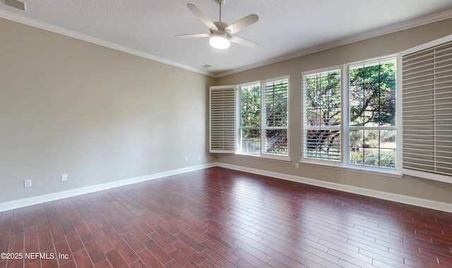 unfurnished room featuring ornamental molding, dark wood-type flooring, a textured ceiling, and ceiling fan