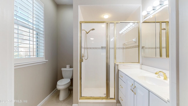 bathroom with tile patterned flooring, vanity, an enclosed shower, and toilet