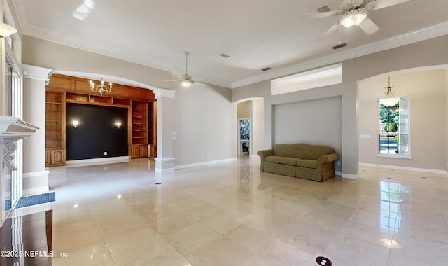 unfurnished living room with crown molding, built in shelves, and ceiling fan with notable chandelier