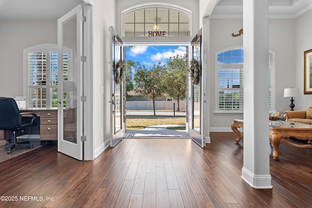 foyer featuring french doors, ornamental molding, dark hardwood / wood-style floors, and a wealth of natural light