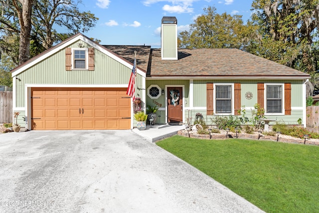 view of front of property with a garage and a front lawn