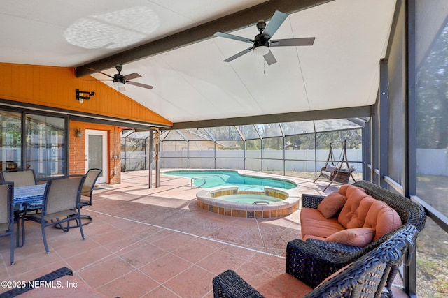 sunroom / solarium featuring ceiling fan, lofted ceiling with beams, and a swimming pool