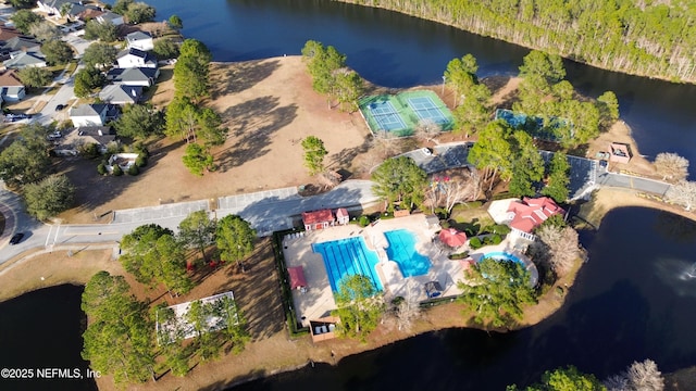 aerial view featuring a water view