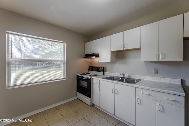 kitchen with white cabinetry, sink, range with electric cooktop, and light tile patterned flooring