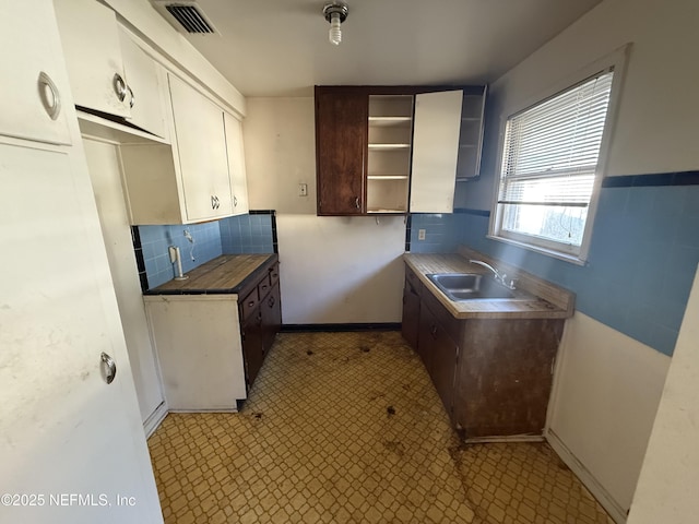 kitchen featuring sink, backsplash, dark brown cabinets, and white cabinets