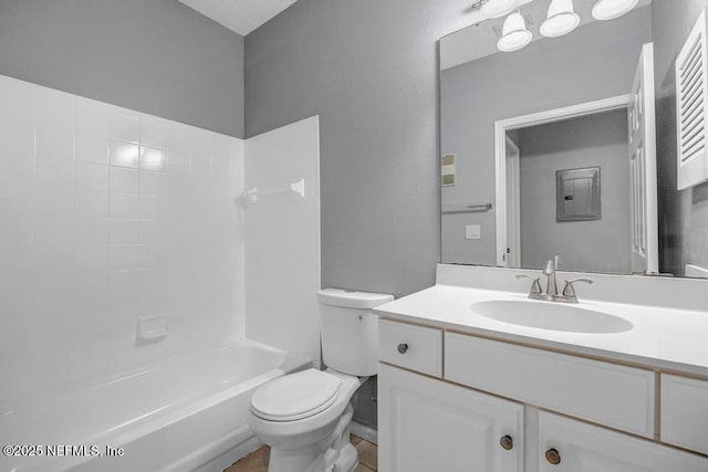 full bath featuring shower / washtub combination, vanity, and toilet